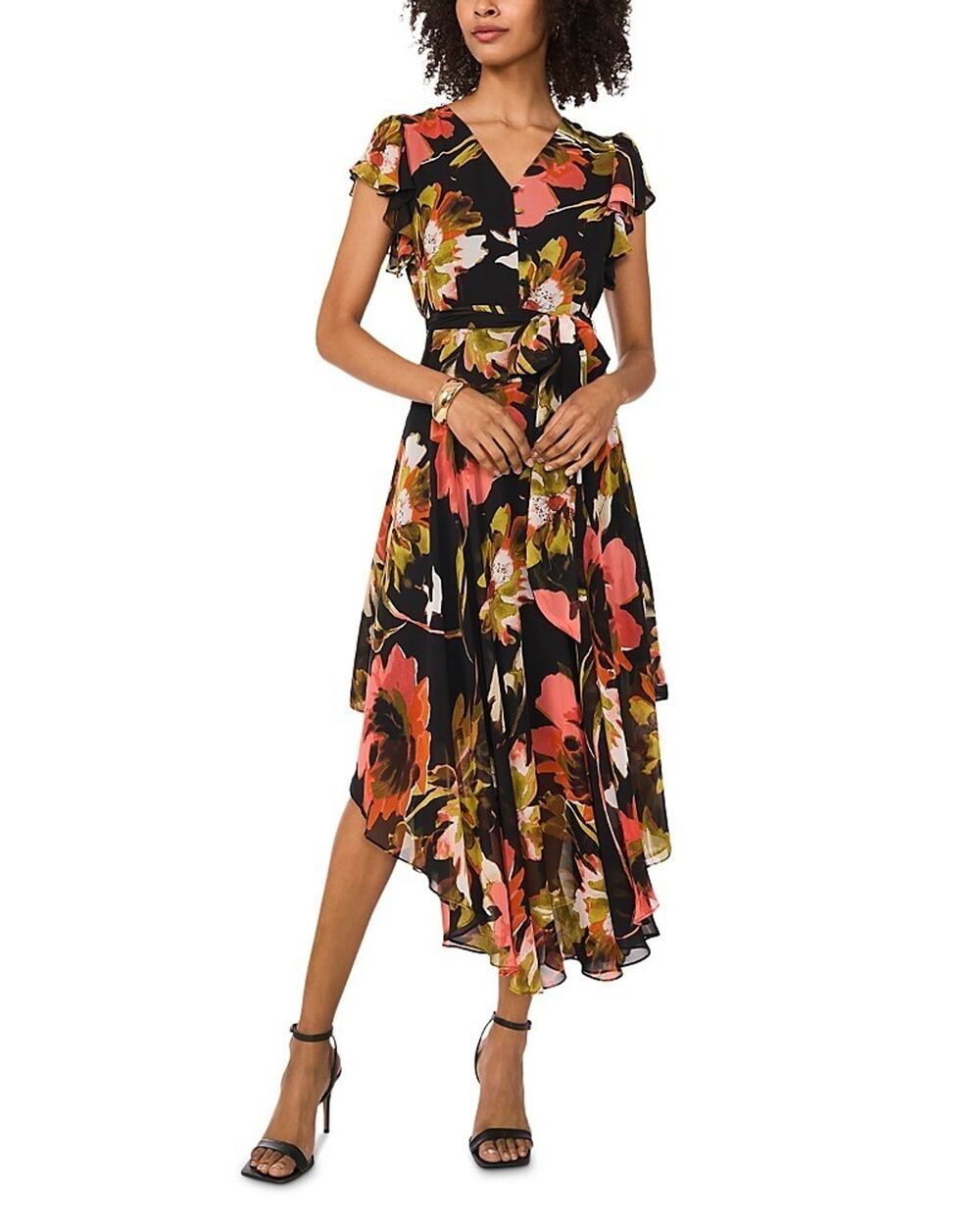 Vince Camuto V-Neck Flutter-Sleeve Asymmetrical-Hem Midi Dress Size L 4130